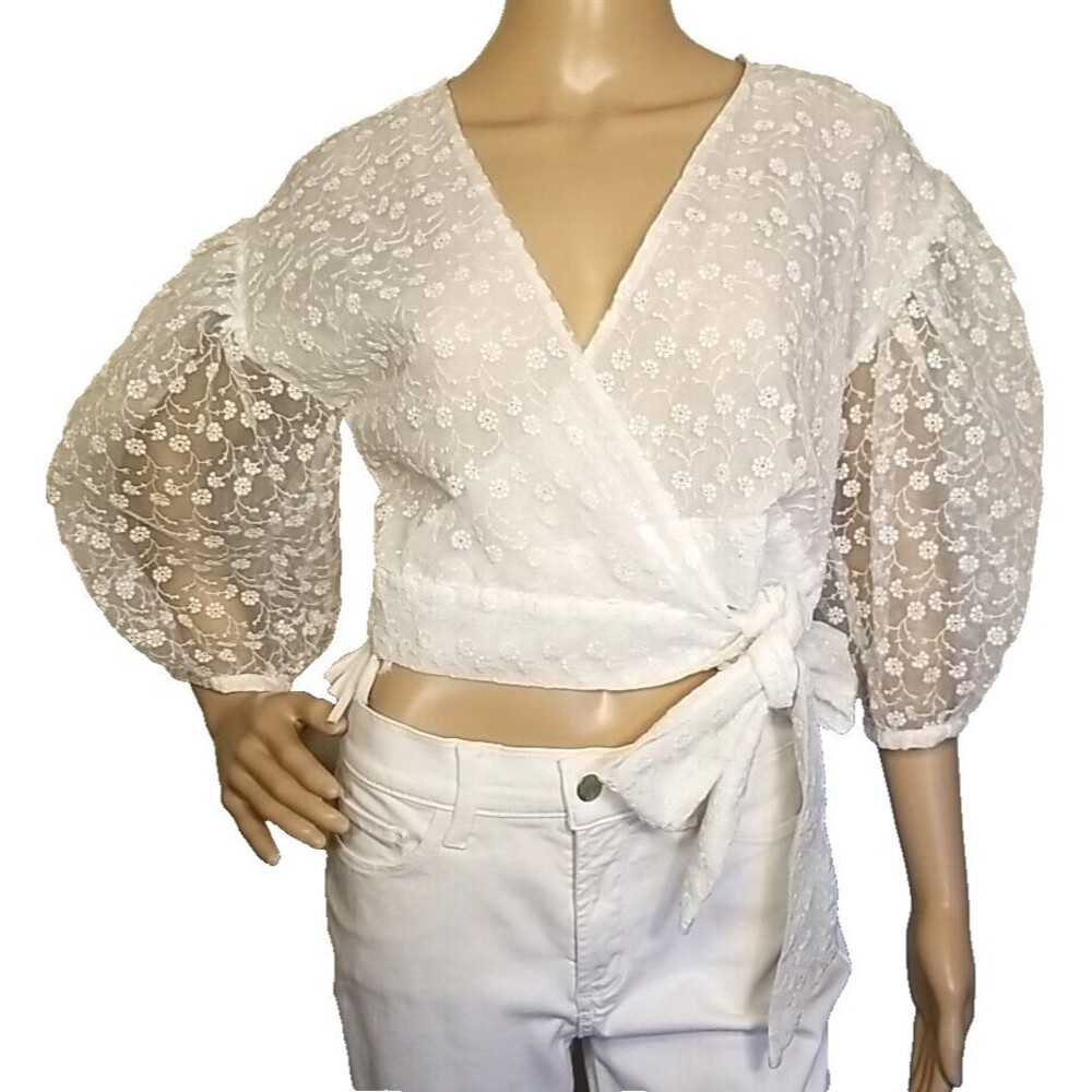 ZARA Womens White Floral Sheer Cropped Wrap Top Sz M 3/4 Puff Sleeve V Neck  T11